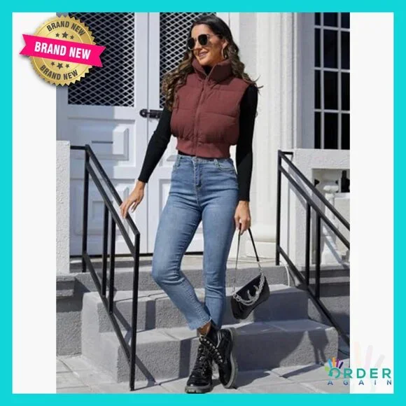 Cropped Puffer Vest Lightweight Quilted Sleeveless Jacket Chic Winter Outerwear - Picture 5 of 7